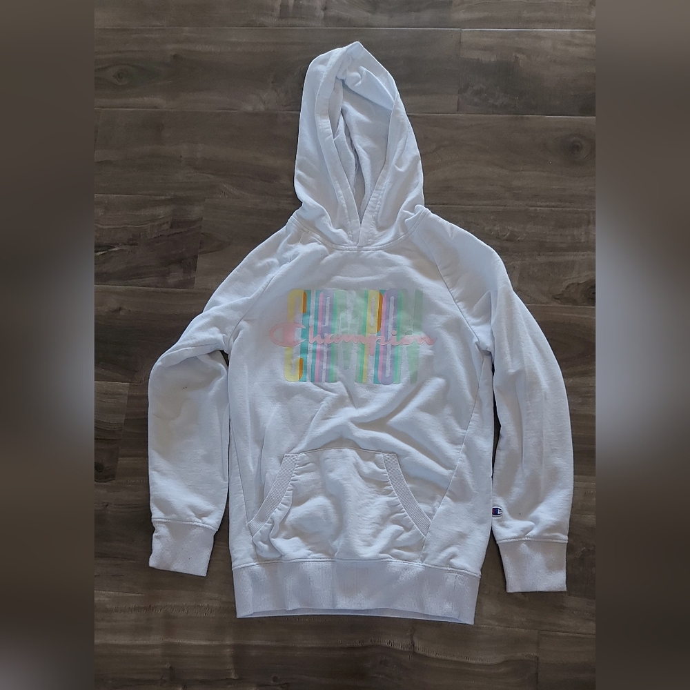 **3 Listings $40**               Champion White Hoodie with Pastel Logo